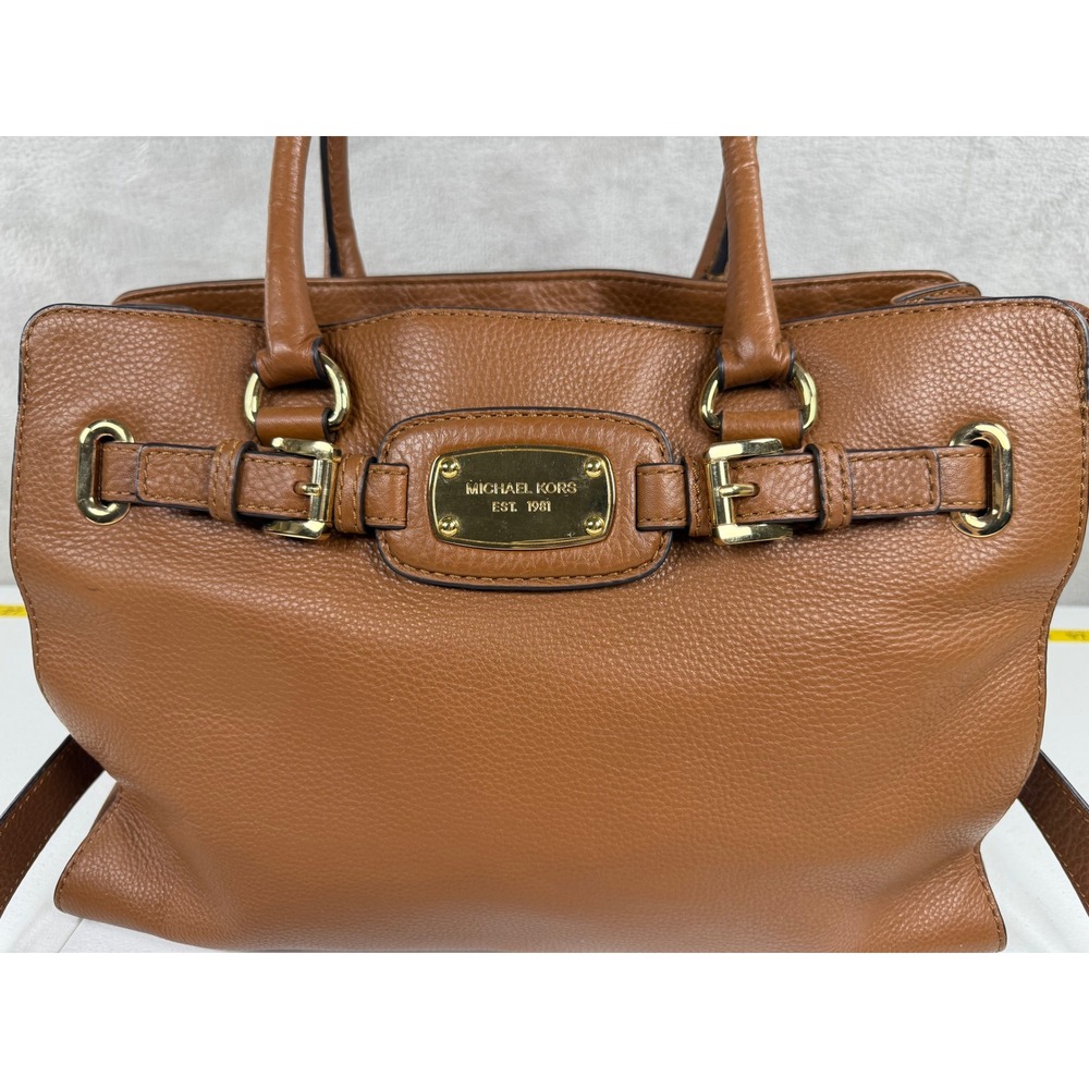 Michael Kors Hamilton Handbag Cognac Brown Pebbled Leather Tote Gold Accents - Picture 2 of 12